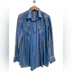 KARMAN Western Cut Pearl Snap Long Sleeved Blue Plaid Shirt Size XL